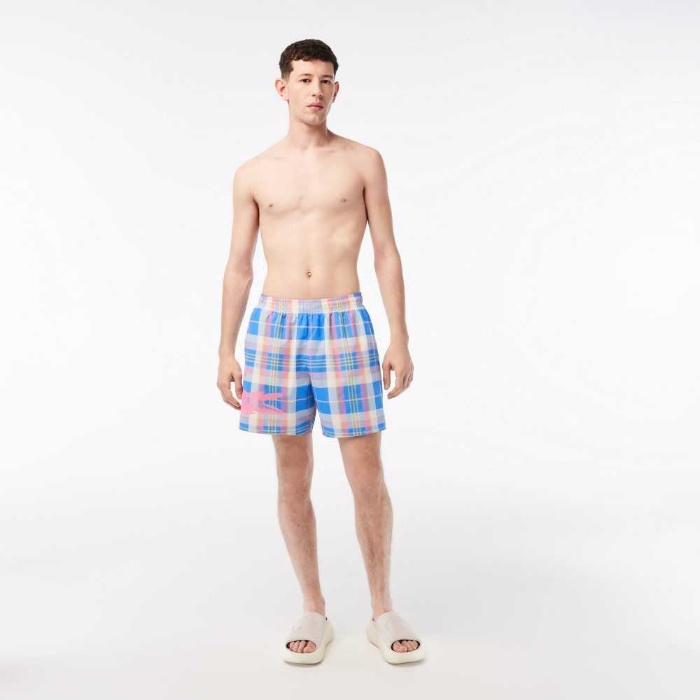 Blue / White Lacoste Quick-Dry Colored Check Swim Trunks | MVIZKO-713