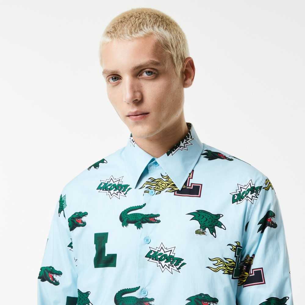 Blue / White Lacoste Regular Fit Crocodile Print Shirt | KGIVTY-523