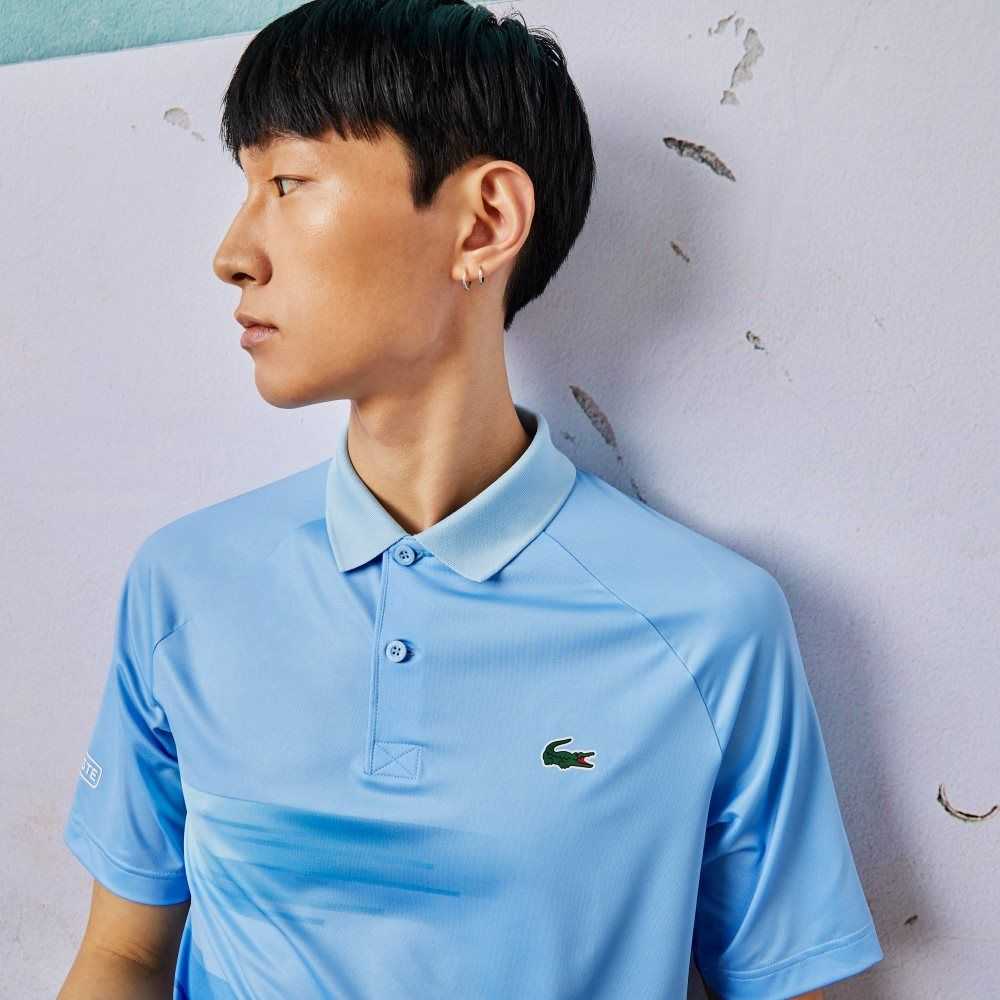 Blue / White Lacoste SPORT Novak Djokovic Print Stretch Polo | FECXQJ-684