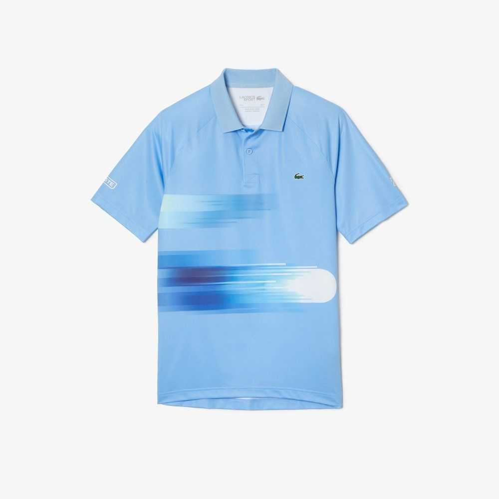 Blue / White Lacoste SPORT Novak Djokovic Print Stretch Polo | FECXQJ-684