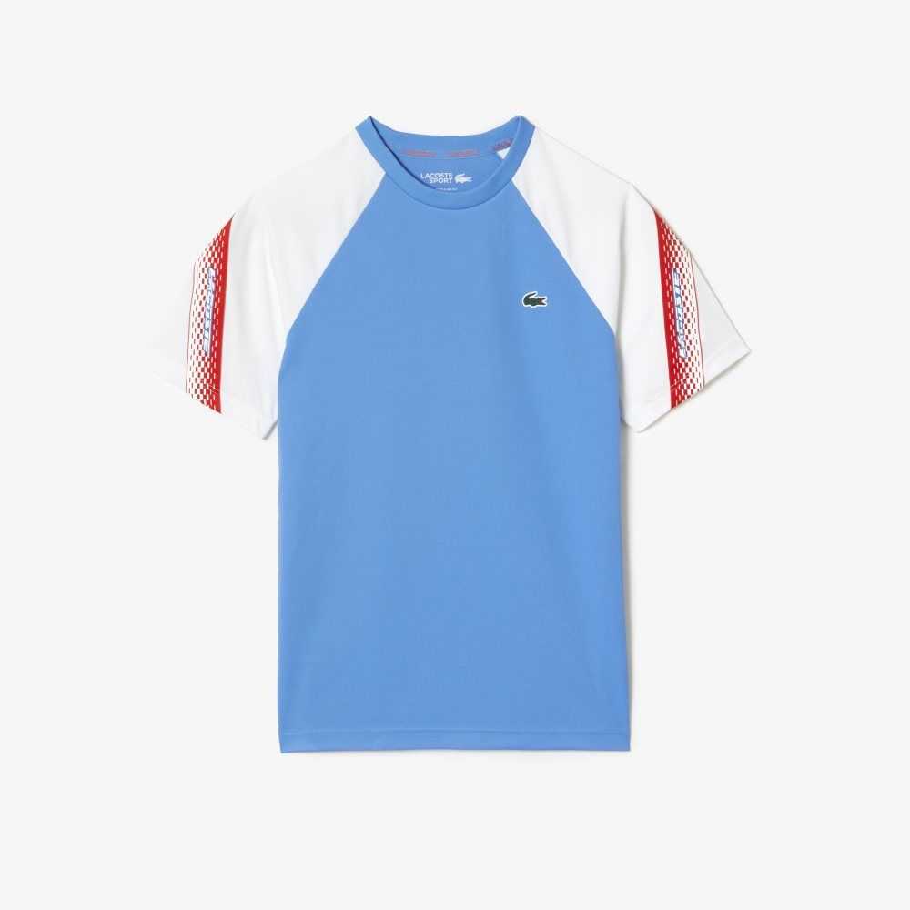 Blue / White Lacoste SPORT Regular Fit Logo Stripe T-Shirt | VCFDWI-047