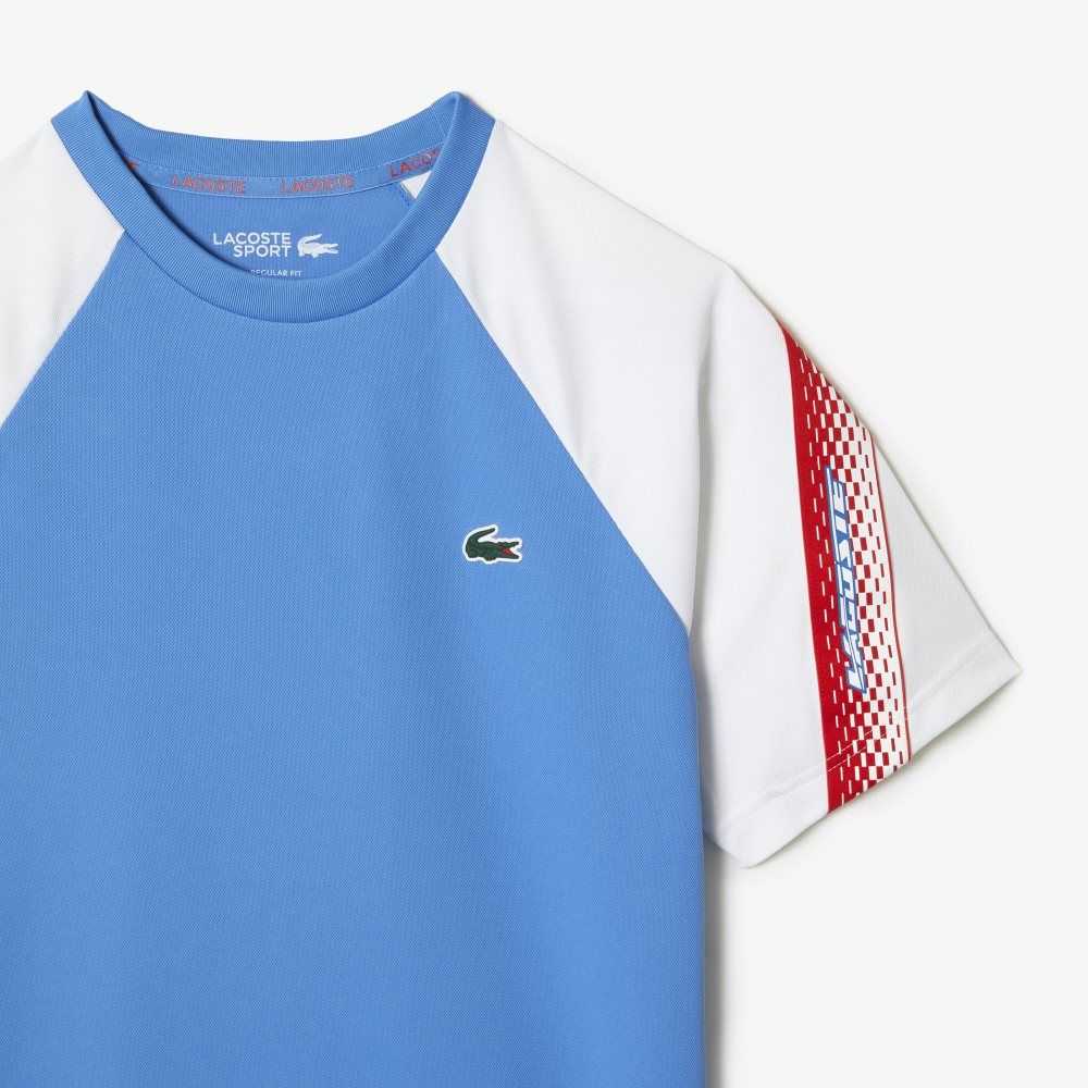 Blue / White Lacoste SPORT Regular Fit Logo Stripe T-Shirt | VCFDWI-047