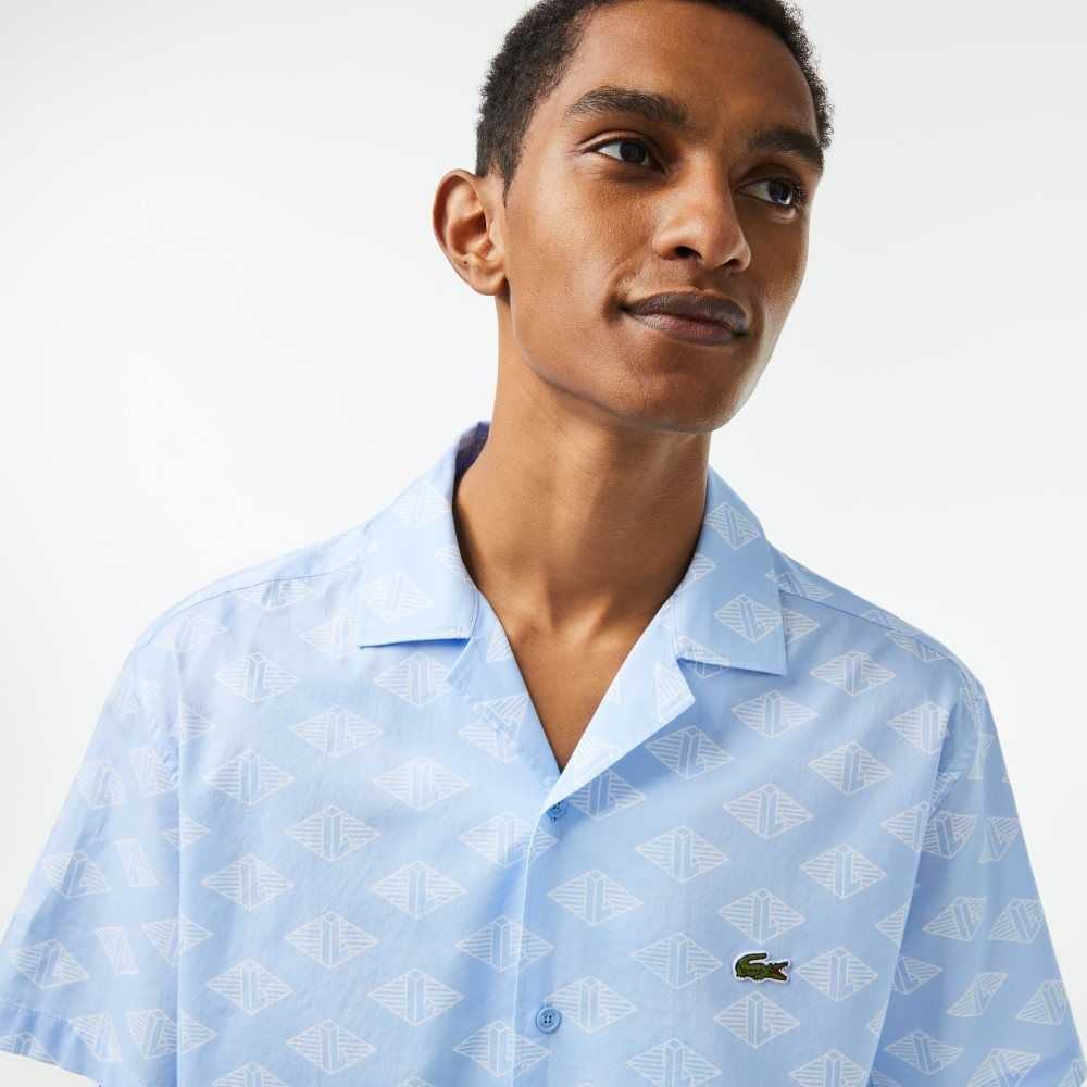 Blue / White Lacoste Short Sleeve Monogram Print Shirt | RAWHFQ-805