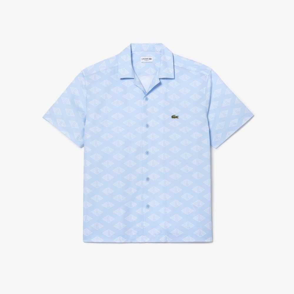 Blue / White Lacoste Short Sleeve Monogram Print Shirt | RAWHFQ-805