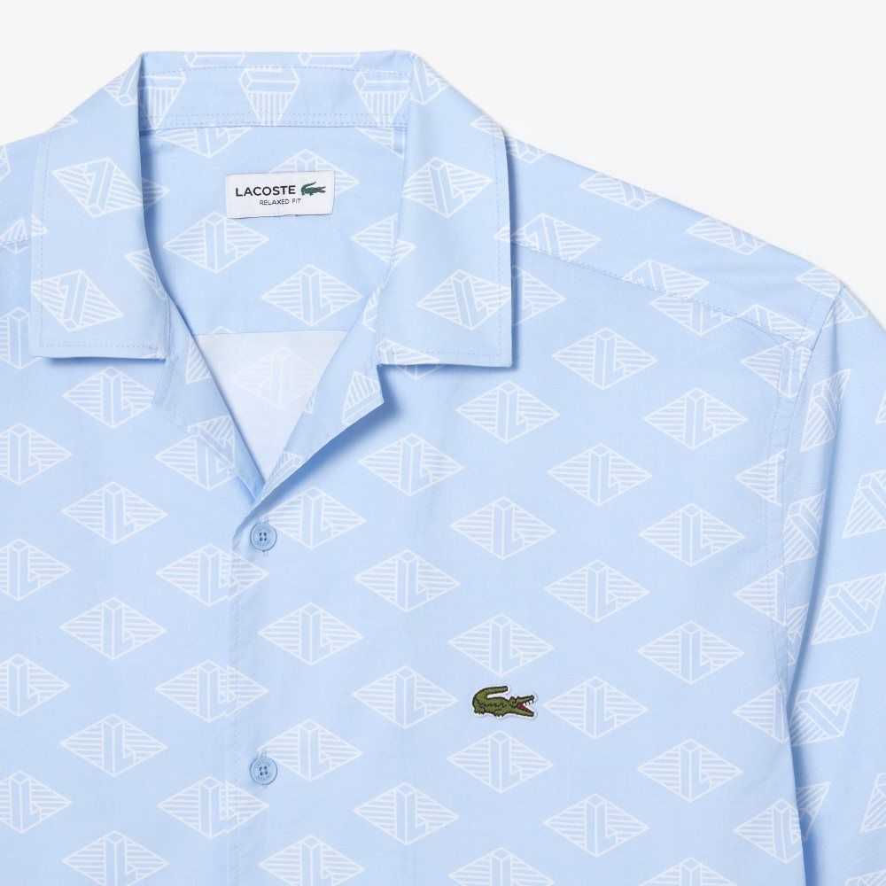 Blue / White Lacoste Short Sleeve Monogram Print Shirt | RAWHFQ-805