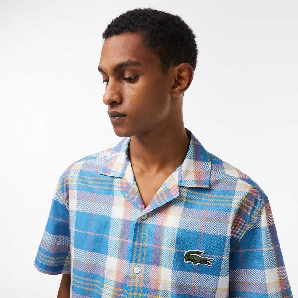 Blue / White Lacoste Short Sleeve Organic Cotton Check Shirt | FRPOLJ-792