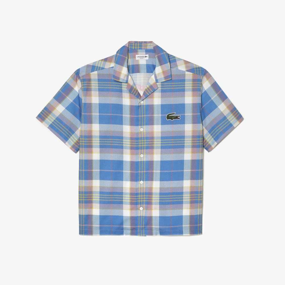 Blue / White Lacoste Short Sleeve Organic Cotton Check Shirt | FRPOLJ-792