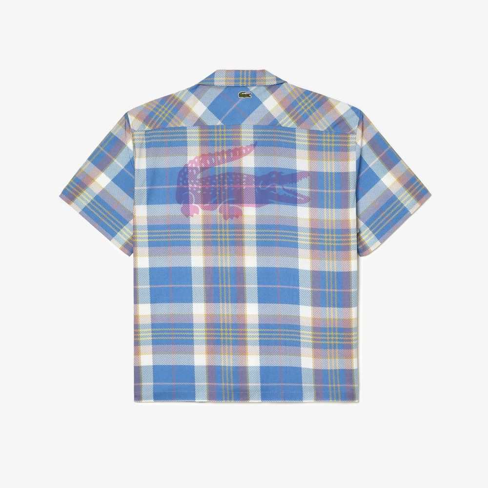 Blue / White Lacoste Short Sleeve Organic Cotton Check Shirt | FRPOLJ-792