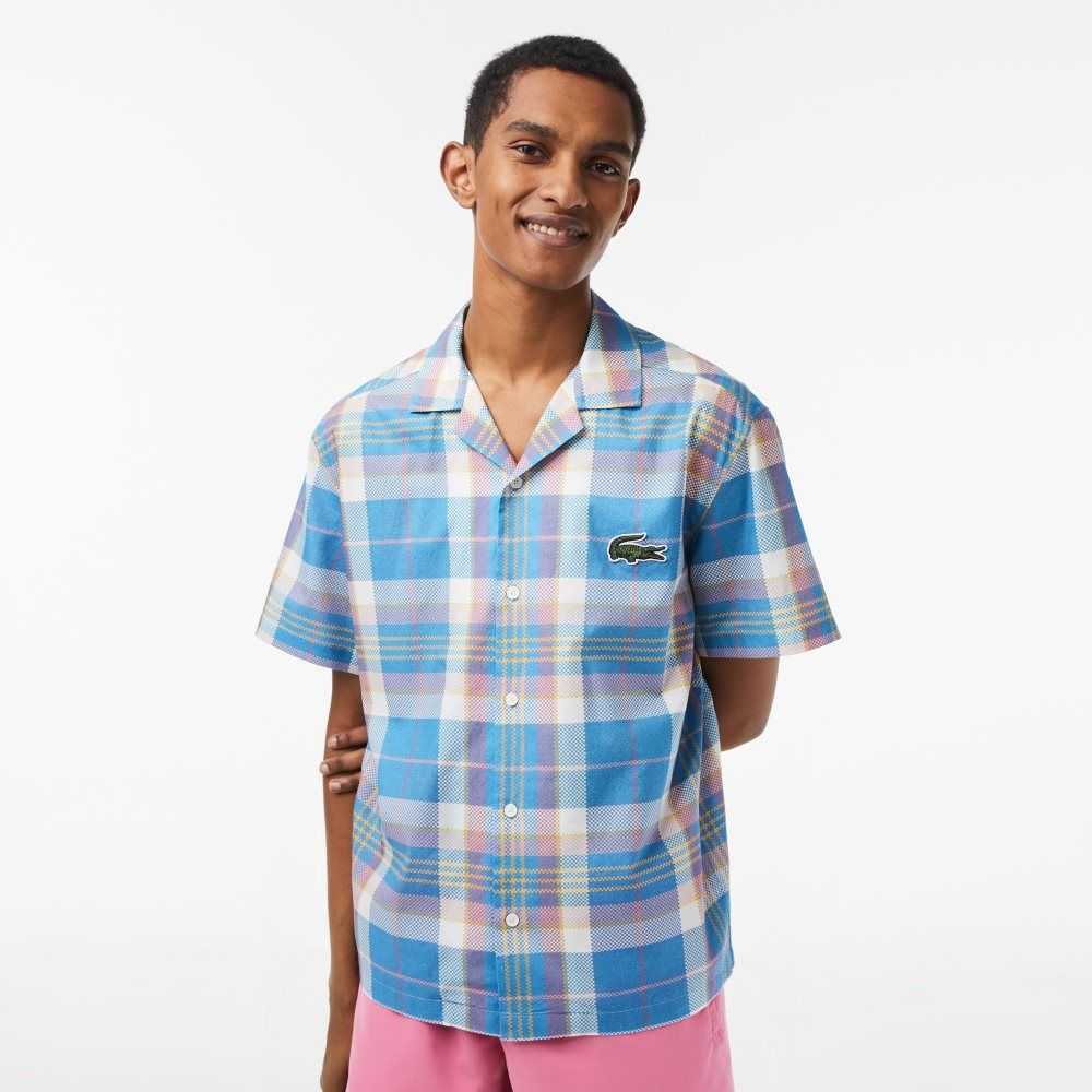 Blue / White Lacoste Short Sleeve Organic Cotton Check Shirt | FRPOLJ-792