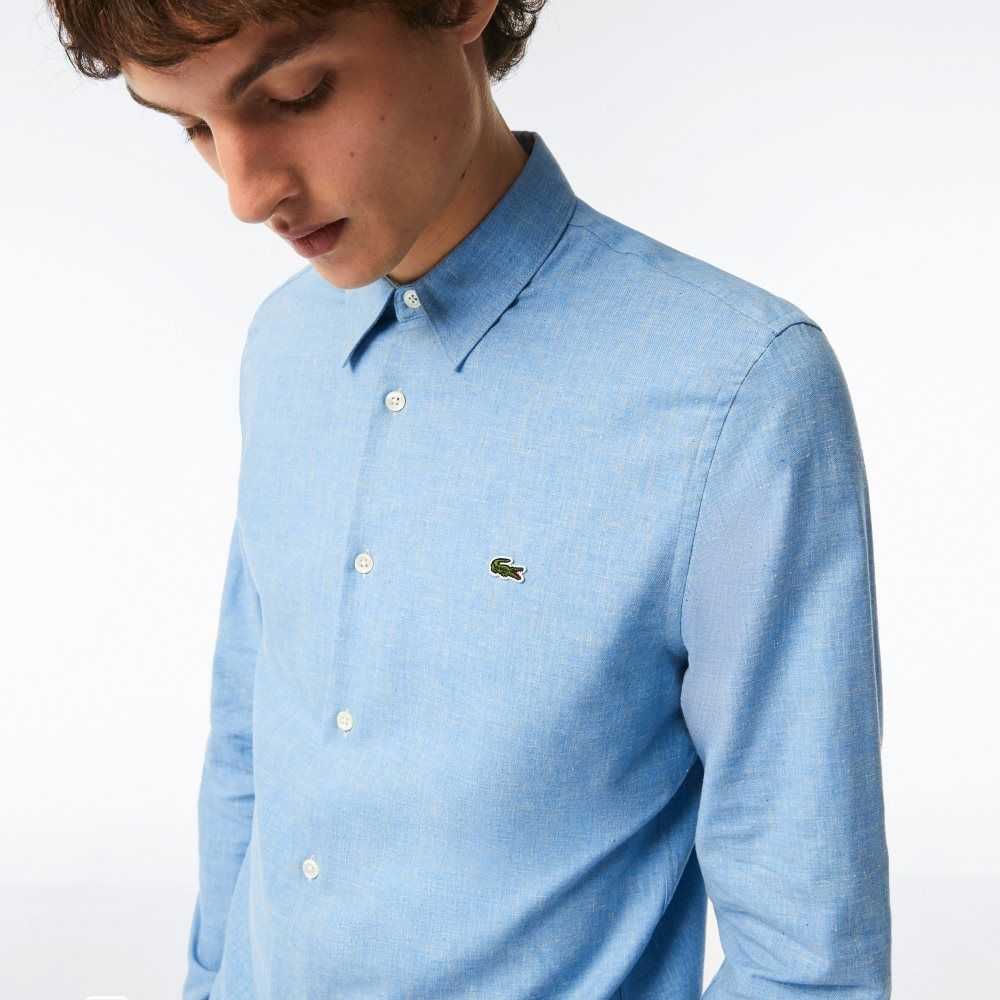 Blue / White Lacoste Slim Fit Cotton Chambray Shirt | JXOKMP-038