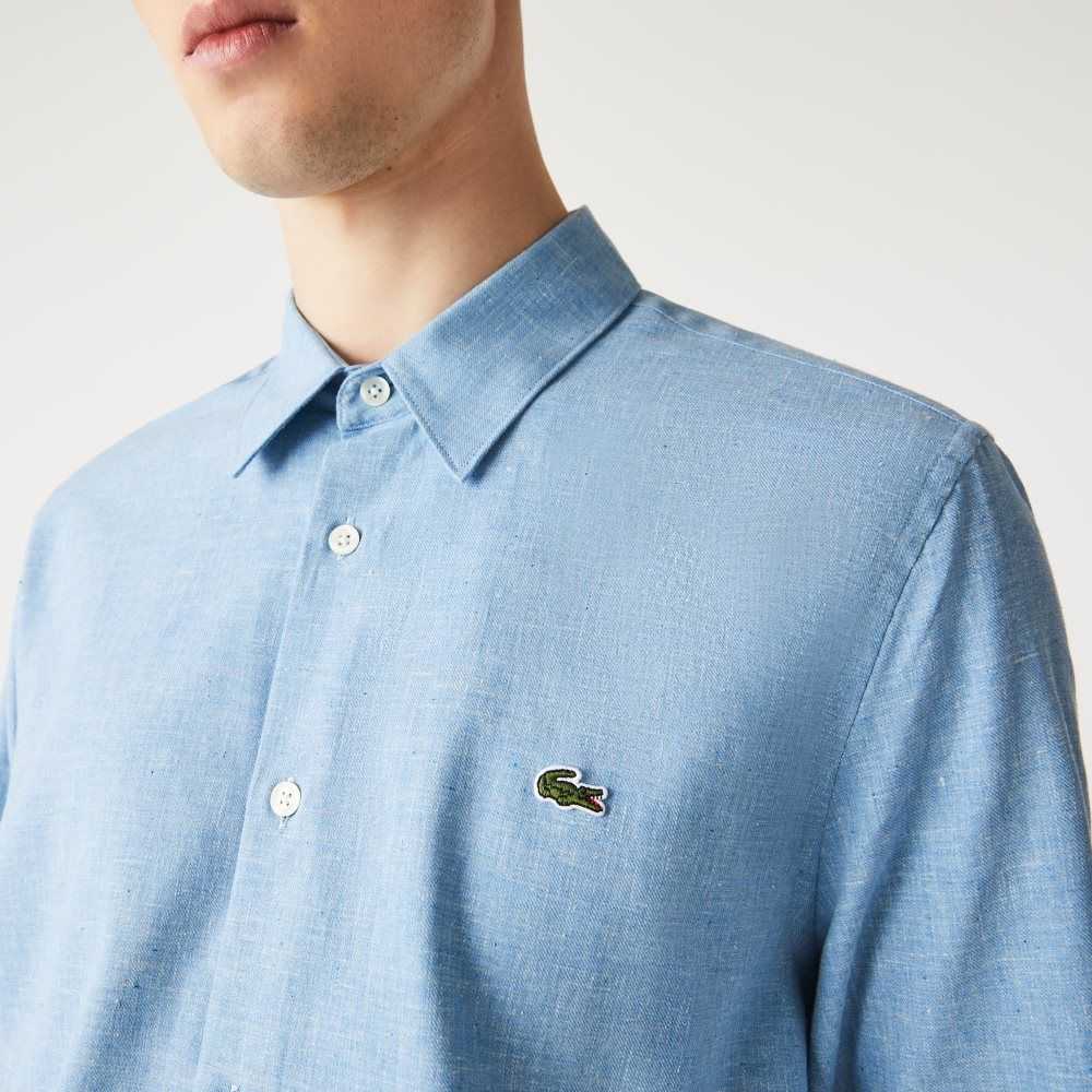 Blue / White Lacoste Slim Fit Cotton Chambray Shirt | JXOKMP-038