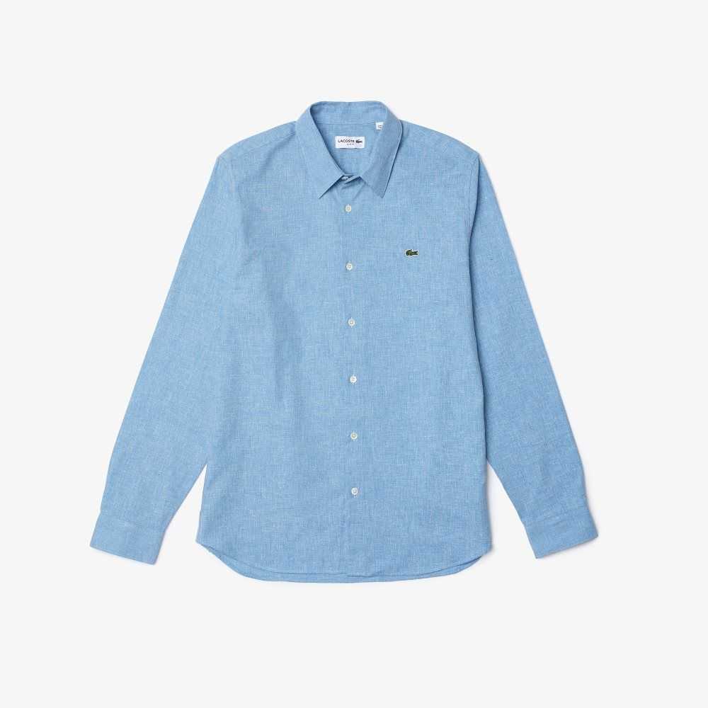 Blue / White Lacoste Slim Fit Cotton Chambray Shirt | JXOKMP-038