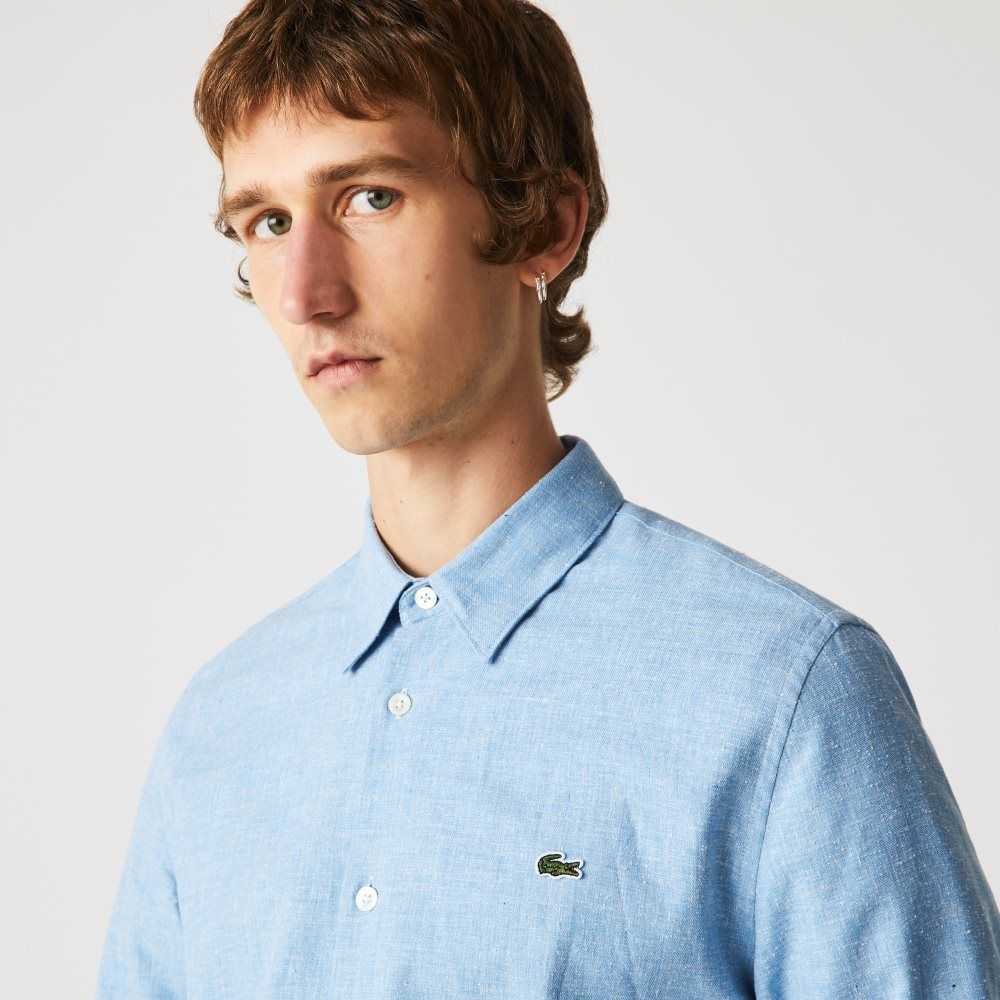 Blue / White Lacoste Slim Fit Cotton Chambray Shirt | JXOKMP-038