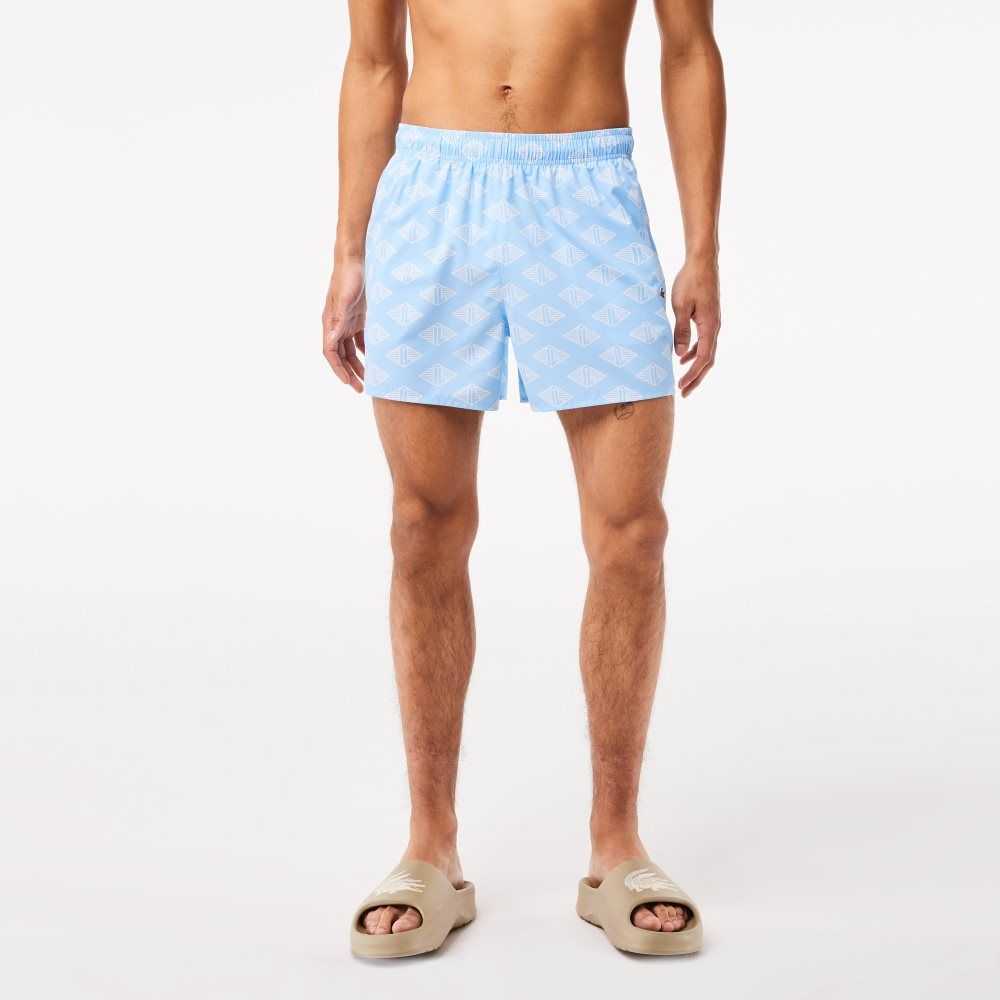 Blue / White Lacoste Two-Tone Monogram Print Swim Trunks | SNLWPM-207