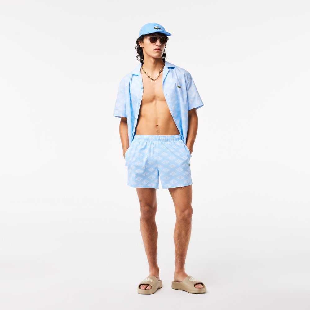 Blue / White Lacoste Two-Tone Monogram Print Swim Trunks | SNLWPM-207