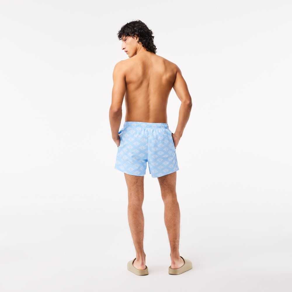 Blue / White Lacoste Two-Tone Monogram Print Swim Trunks | SNLWPM-207