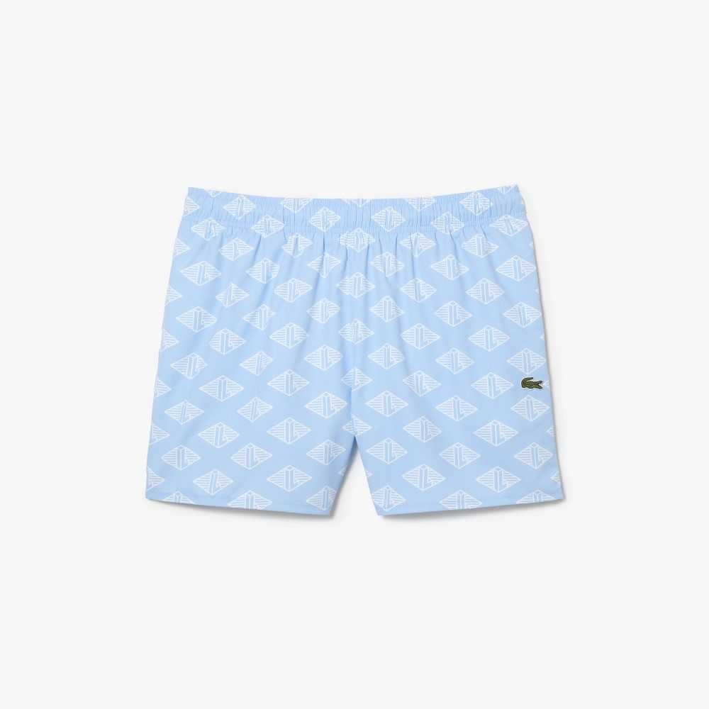 Blue / White Lacoste Two-Tone Monogram Print Swim Trunks | SNLWPM-207