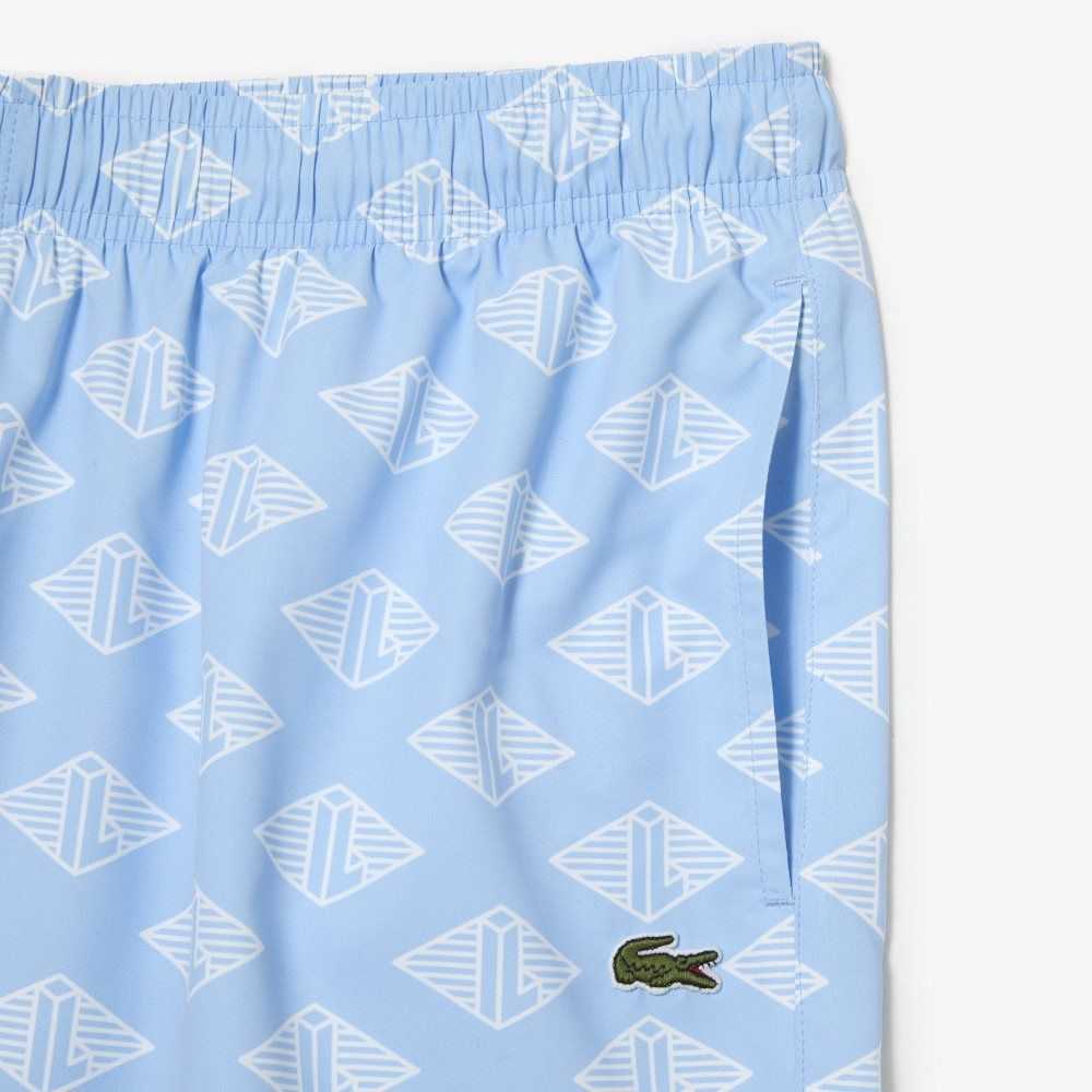 Blue / White Lacoste Two-Tone Monogram Print Swim Trunks | SNLWPM-207