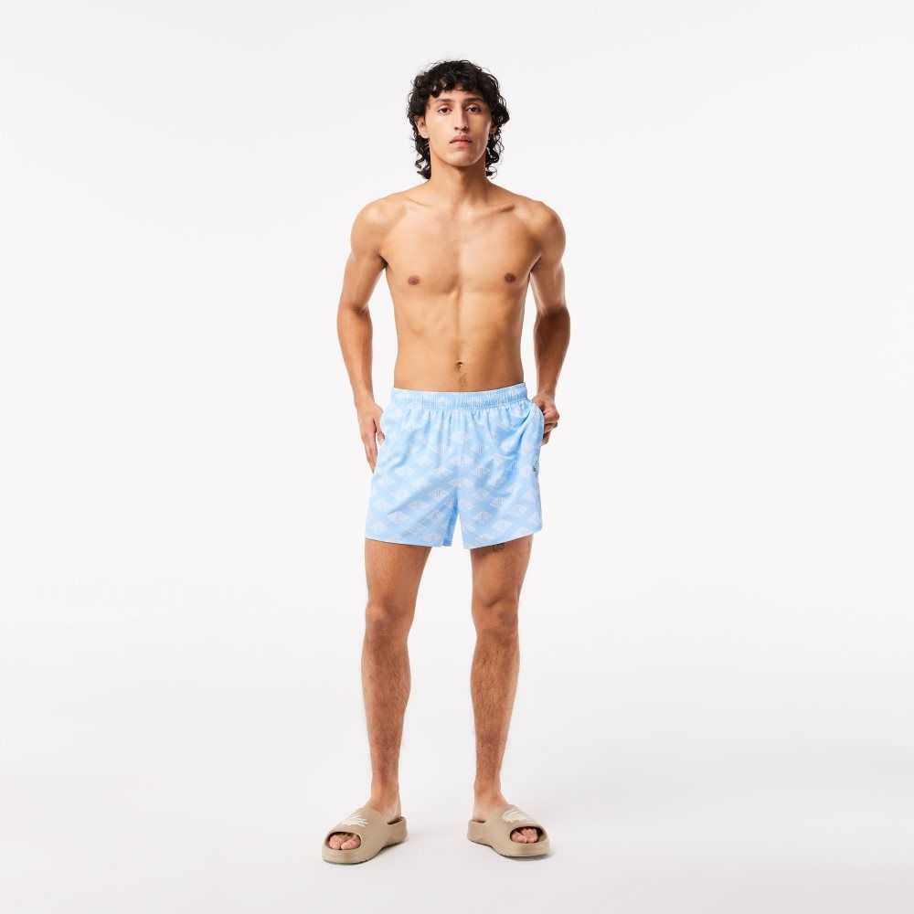 Blue / White Lacoste Two-Tone Monogram Print Swim Trunks | SNLWPM-207