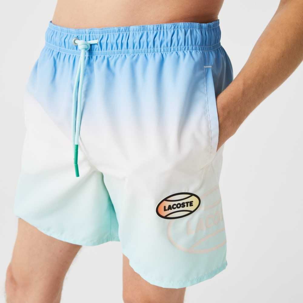 Blue / White / Turquoise Lacoste LIVE Gradated Print Swimming Trunks | NYZBQS-361