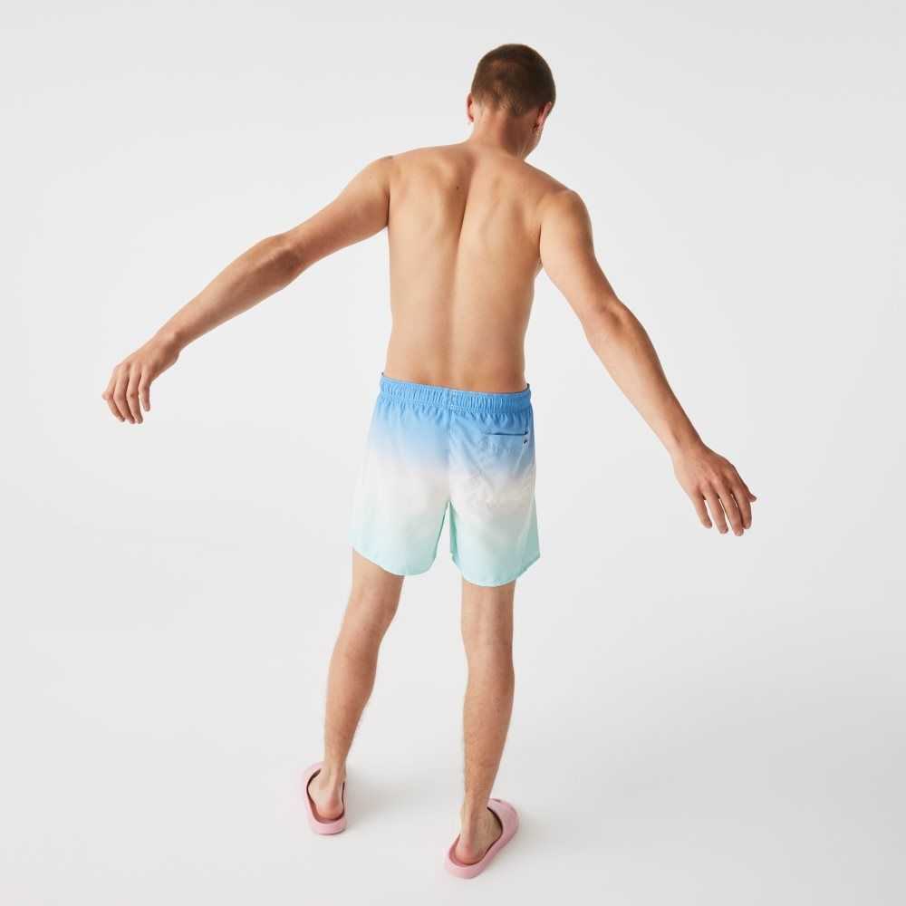 Blue / White / Turquoise Lacoste LIVE Gradated Print Swimming Trunks | NYZBQS-361