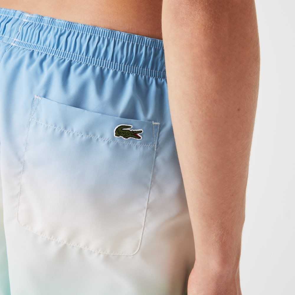 Blue / White / Turquoise Lacoste LIVE Gradated Print Swimming Trunks | NYZBQS-361