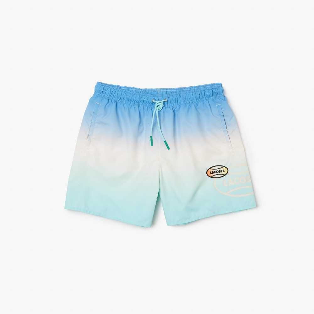 Blue / White / Turquoise Lacoste LIVE Gradated Print Swimming Trunks | NYZBQS-361