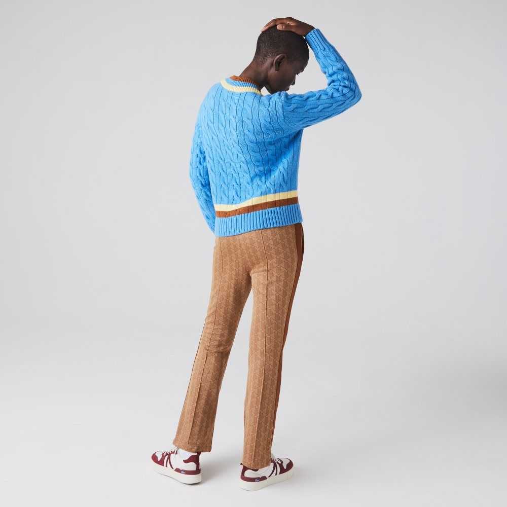 Blue / Yellow / Brown Lacoste V-Neck Cable Knit Wool Sweater | MSWLNG-421