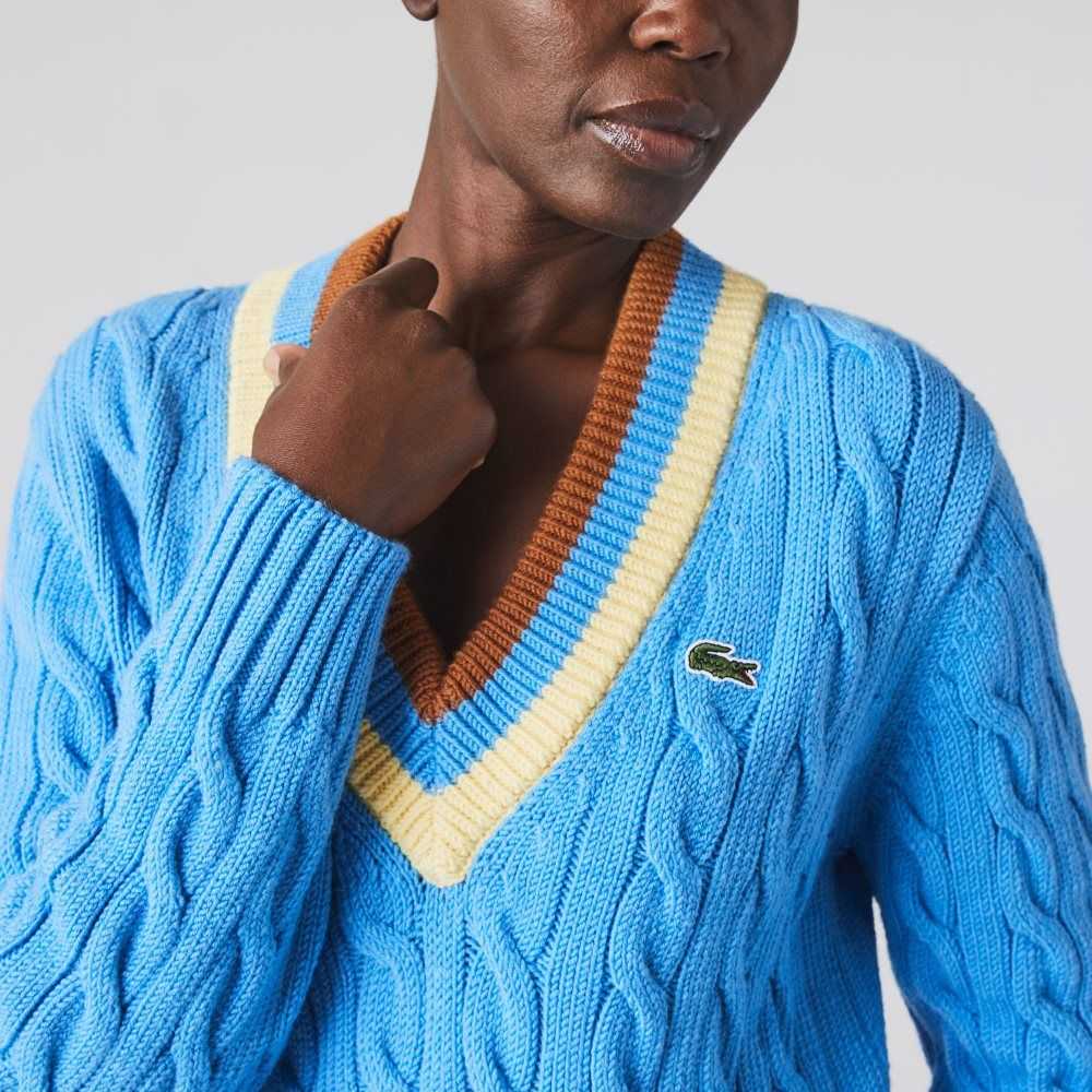 Blue / Yellow / Brown Lacoste V-Neck Cable Knit Wool Sweater | MSWLNG-421