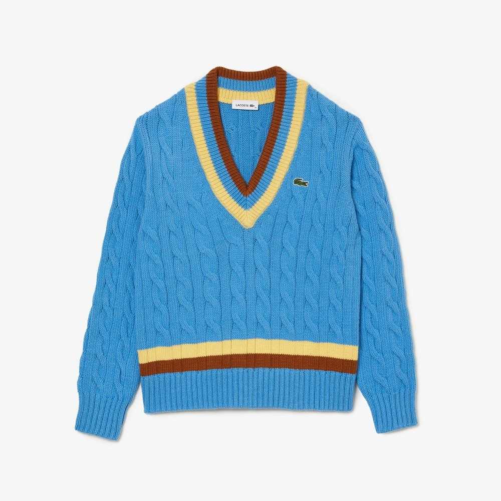 Blue / Yellow / Brown Lacoste V-Neck Cable Knit Wool Sweater | MSWLNG-421