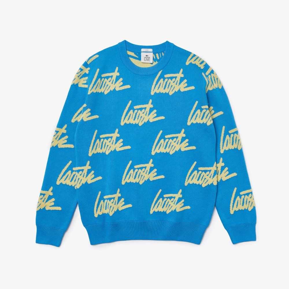 Blue / Yellow Lacoste LIVE Lettering Crew Neck Cotton Blend Sweater | HFWBYL-426