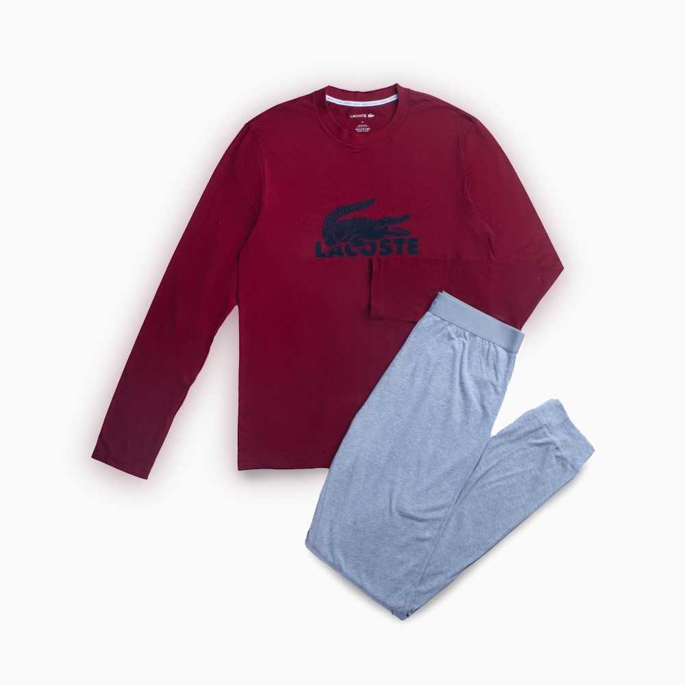 Bordeaux / Dark Grey / Grey Chine Lacoste Velvet Logo Long Pajama Set | GQHDLM-041