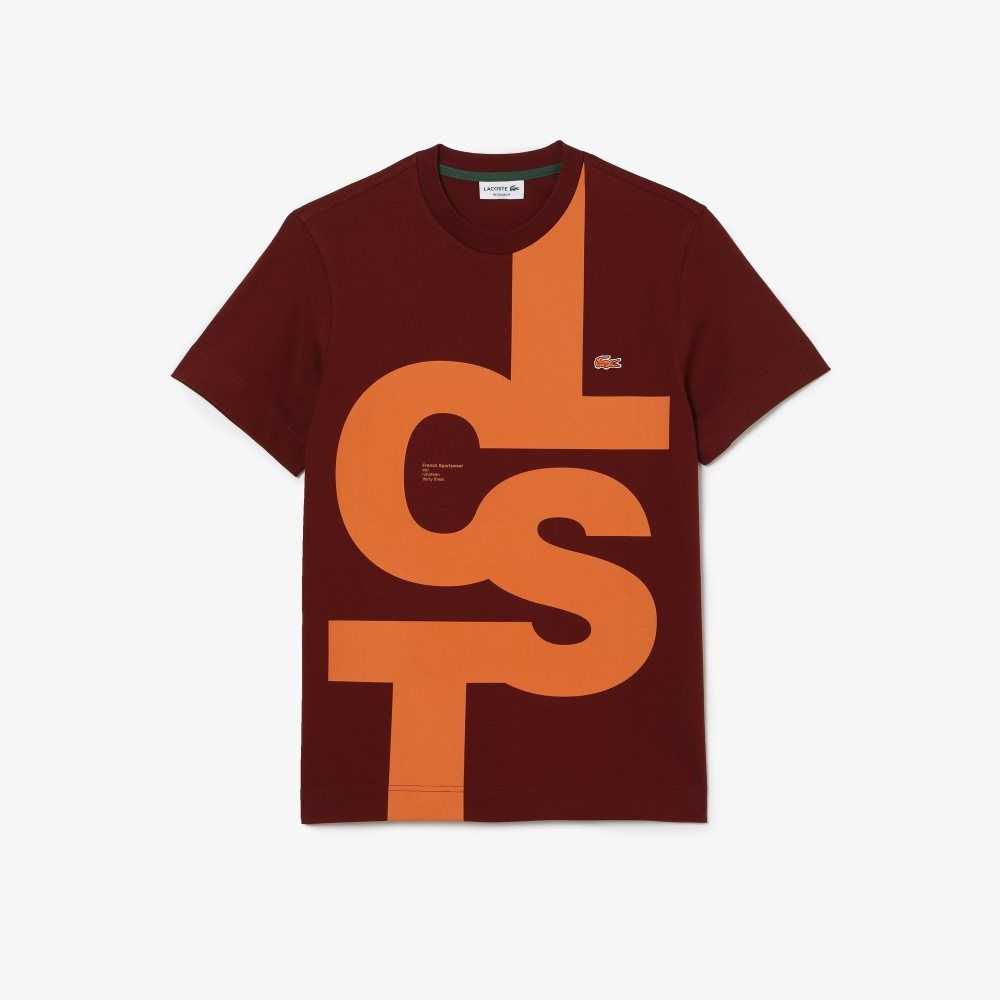 Bordeaux Lacoste Regular Fit Contrast Lettering Cotton T-Shirt | QKHUEF-571