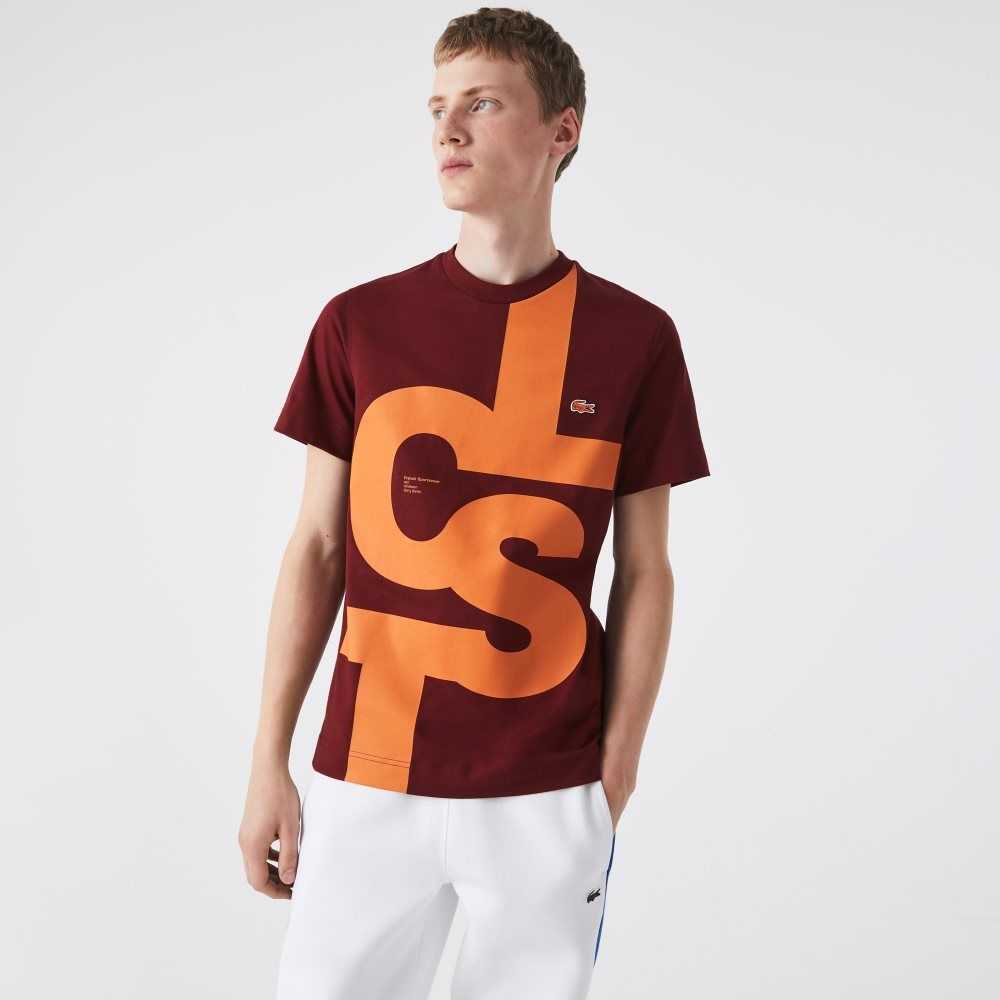 Bordeaux Lacoste Regular Fit Contrast Lettering Cotton T-Shirt | QKHUEF-571