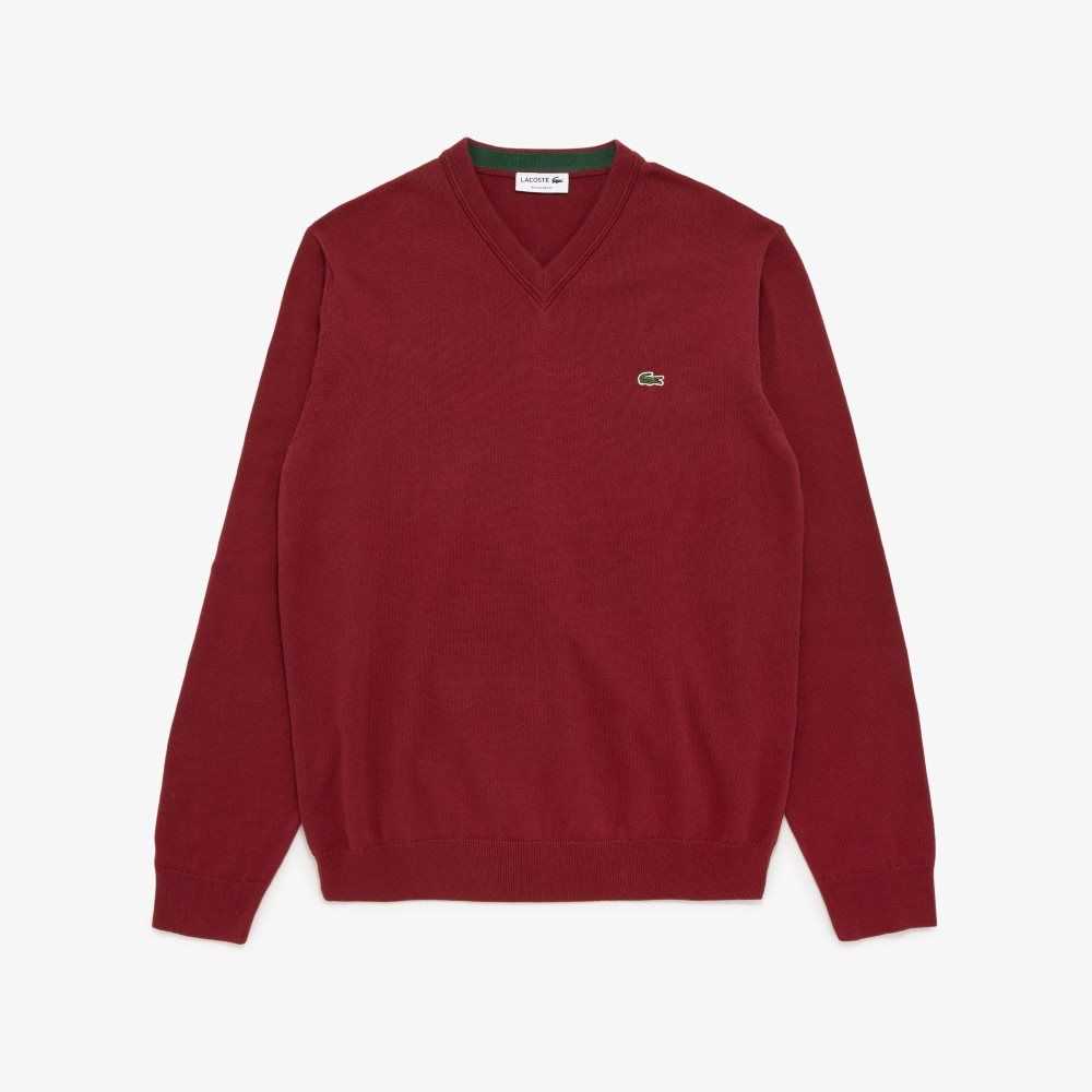 Bordeaux Lacoste V-Neck Cotton Sweater | LBJCDZ-928