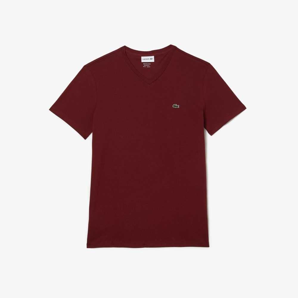 Bordeaux Lacoste V-Neck Pima Cotton Jersey T-Shirt | PWEIBQ-680