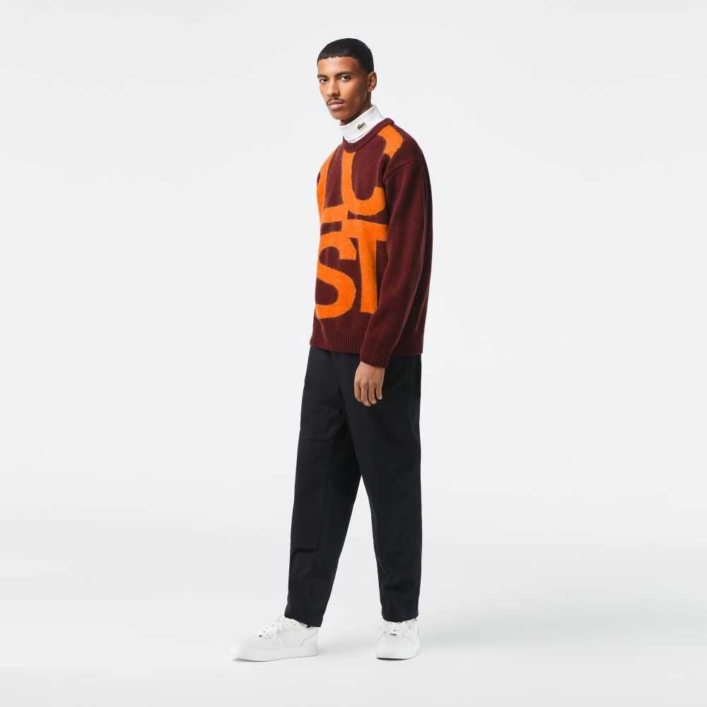 Bordeaux / Orange Lacoste Classic Fit Contrast Lettering Wool Sweater | ECPRHI-924