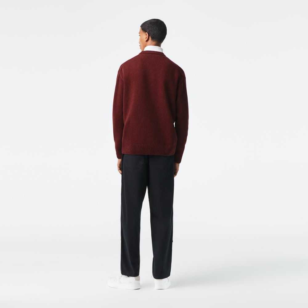 Bordeaux / Orange Lacoste Classic Fit Contrast Lettering Wool Sweater | ECPRHI-924