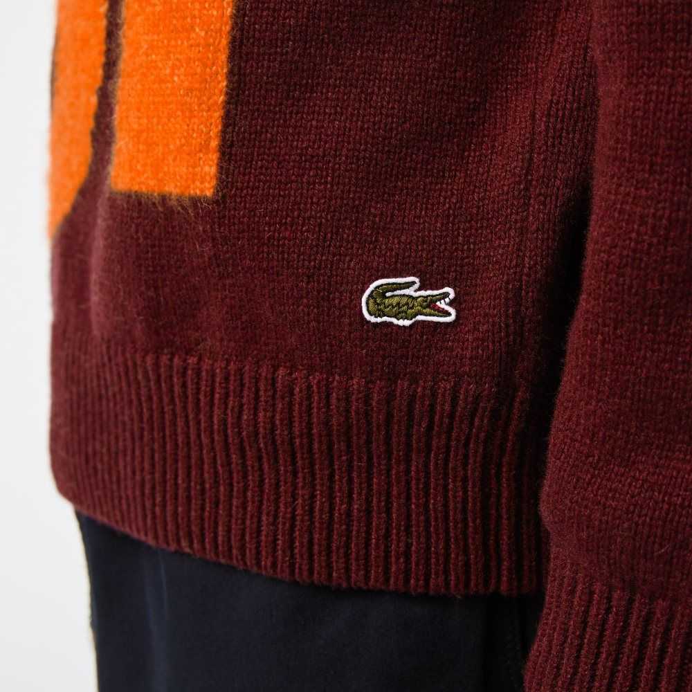 Bordeaux / Orange Lacoste Classic Fit Contrast Lettering Wool Sweater | ECPRHI-924