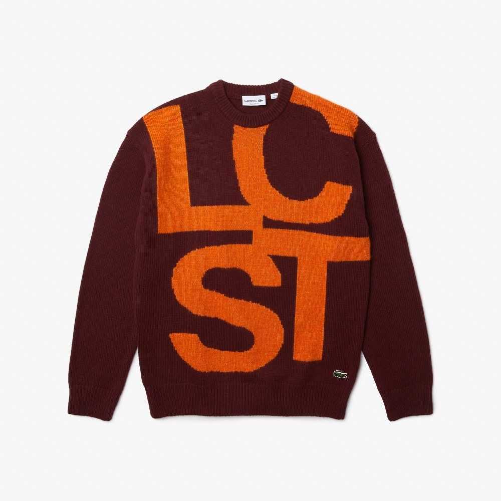 Bordeaux / Orange Lacoste Classic Fit Contrast Lettering Wool Sweater | ECPRHI-924