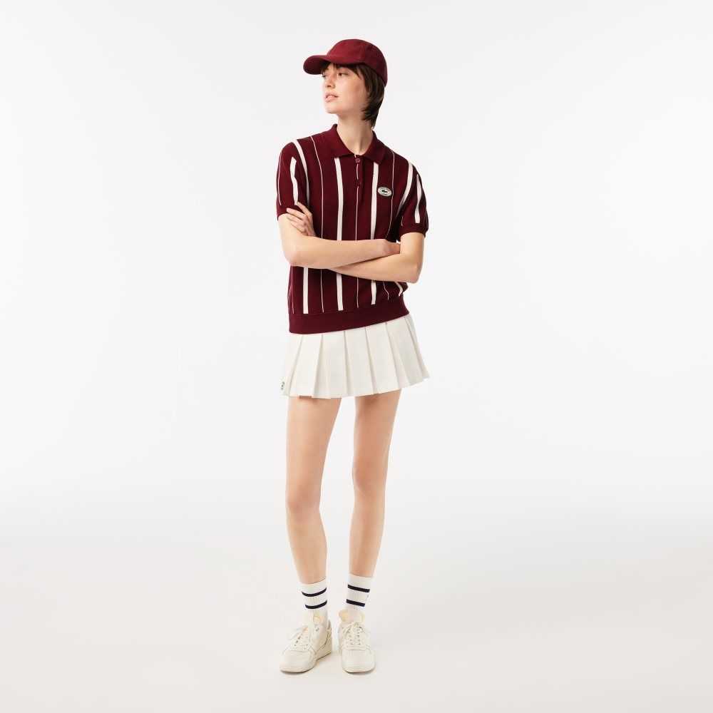 Bordeaux / White Lacoste x Sporty & Rich Striped Polo Collar Sweater | JHWNCZ-903