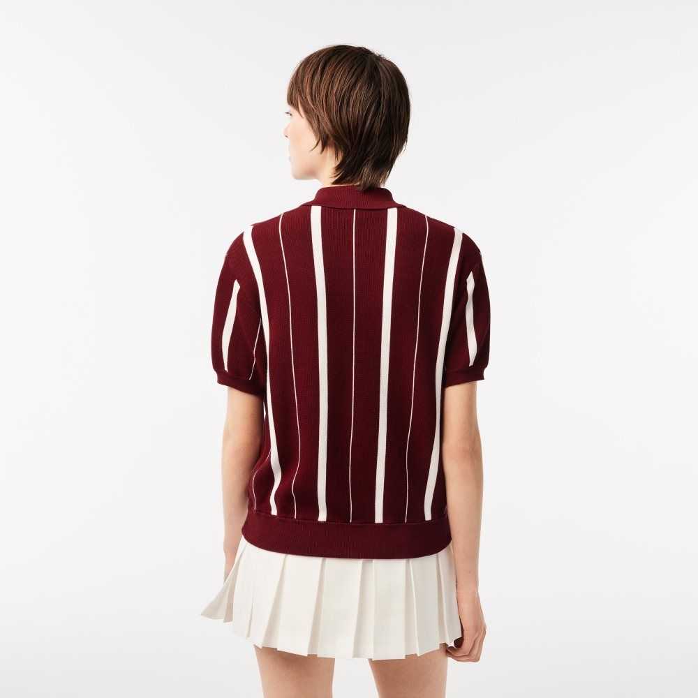 Bordeaux / White Lacoste x Sporty & Rich Striped Polo Collar Sweater | JHWNCZ-903