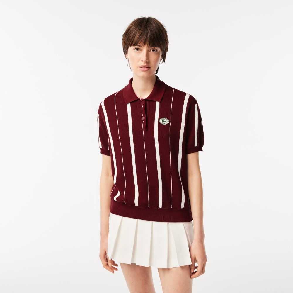 Bordeaux / White Lacoste x Sporty & Rich Striped Polo Collar Sweater | JHWNCZ-903