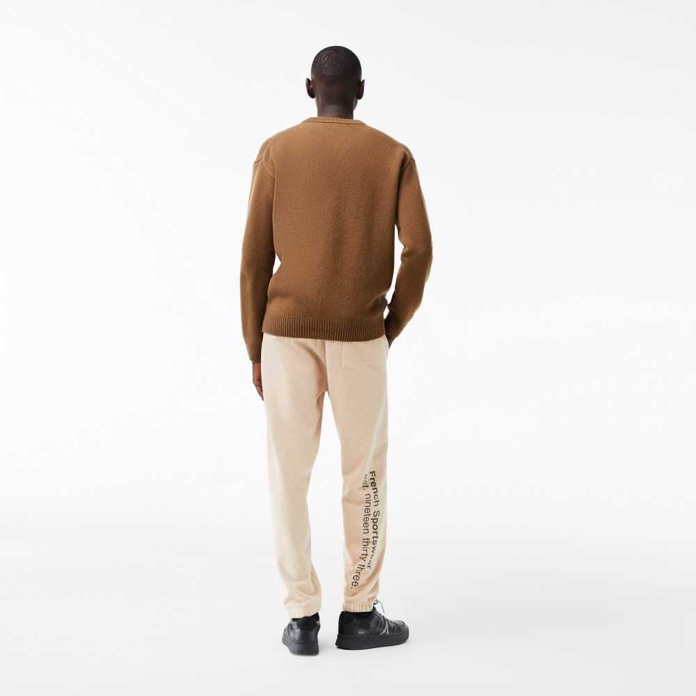 Brown / Black Lacoste Classic Fit Contrast Lettering Wool Sweater | DOXMUJ-975