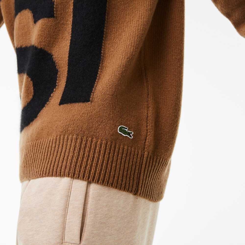 Brown / Black Lacoste Classic Fit Contrast Lettering Wool Sweater | DOXMUJ-975