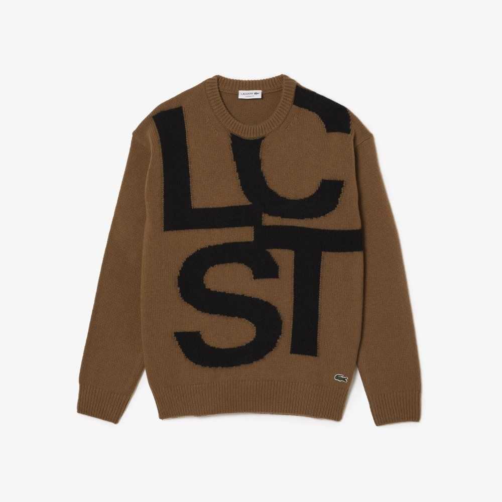 Brown / Black Lacoste Classic Fit Contrast Lettering Wool Sweater | DOXMUJ-975