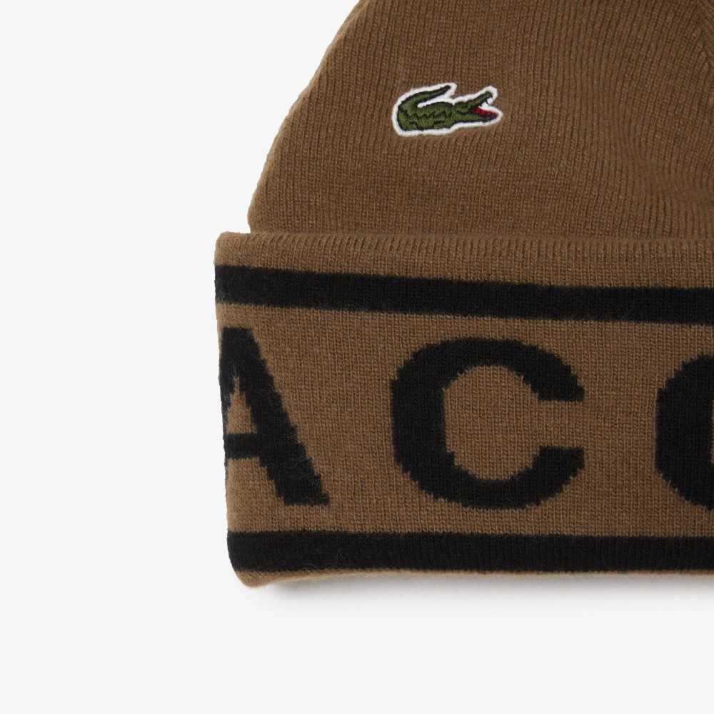 Brown / Black Lacoste Jacquard Knit Beanie And Scarf Gift Set | LMPAYF-984