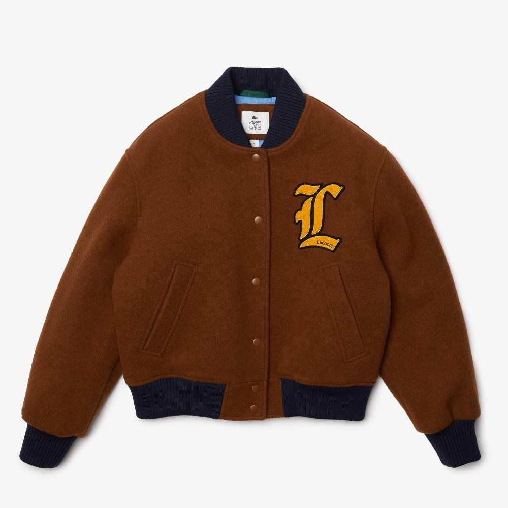 Brown / Black Lacoste LIVE Badge Wool Blend Teddy Jacket | EXRHGJ-194