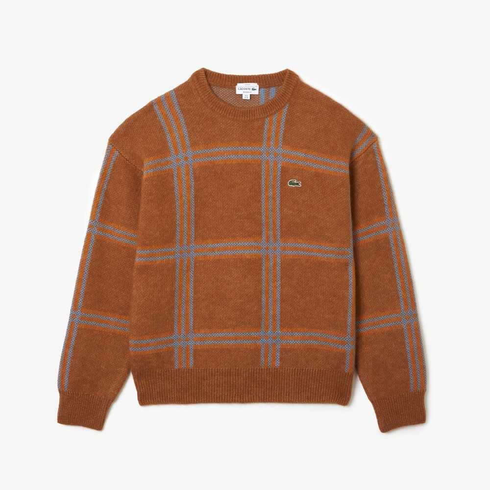 Brown / Blue / Orange Lacoste Relaxed Fit Tartan Pattern Wool Blend Sweater | ALYPCB-973