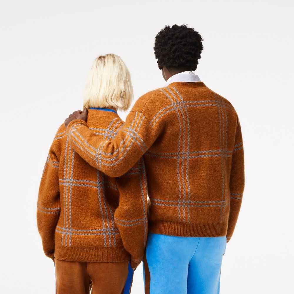 Brown / Blue / Orange Lacoste Tartan Pattern Wool Cardigan | MTDOJC-912